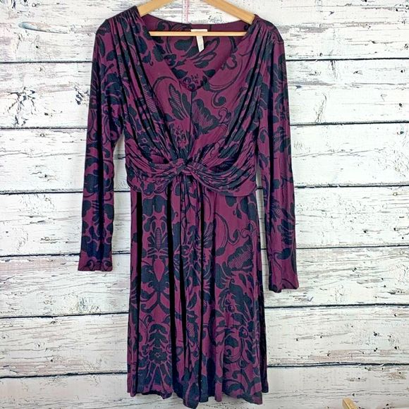 Soma Purple Black Floral Ultra Soft Stretch Twist Detail Dress [Size‎ Large] - Picture 1 of 7